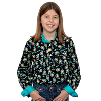 Just Country Girls Harper Half Button Print Shirt (GWLS2272) Black Sunflowers  [SD]