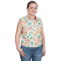 Just Country Womens Lilly Half Button Sleeveless Print Shirt (WWNSR242) White Cactus/Chilli [SD]
