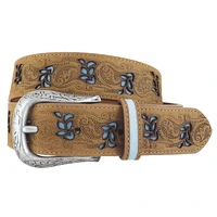 Roper Womens 1.1/2" Distressed Leather Belt (8866790) Floral Emboss/Cut Outs Brown