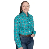 Just Country Womens Abbey Frills Full Button L/S Print Shirt (WWLS2549) Peacock Green Lurex Plaid [SD]