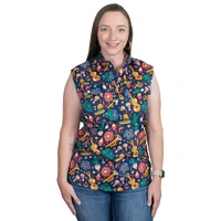 Just Country Womens Lilly Half Button Sleeveless Print Shirt (WWNSR250) Navy Fiesta [SD]