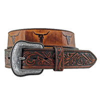 Roper Mens 1.1/2" Genuine Leather Belt With Debossed Ox Heads (8688500) Tan
