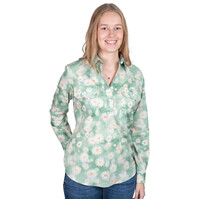 Just Country Womens Georgie Half Button Print L/S Work Shirt (WWLS2577) Green Watercolour Daisies [SD]