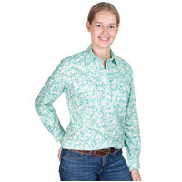 Just Country Womens Georgie Half Button Print L/S Work Shirt (WWLS2582) Turquoise Floral [SD]