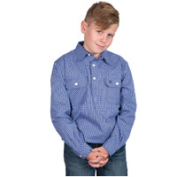 Just Country Boys Brayden Half Button Print L/S Work Shirt (BWLS2588) Cobalt/Light Blue Check [SD]